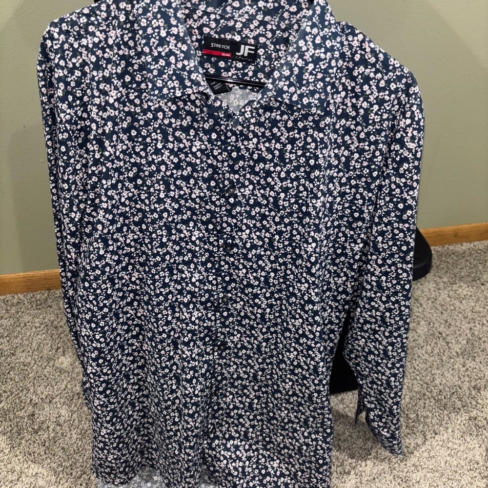 jf j.ferrar Men's Dark Blue Floral Button Down Shirt